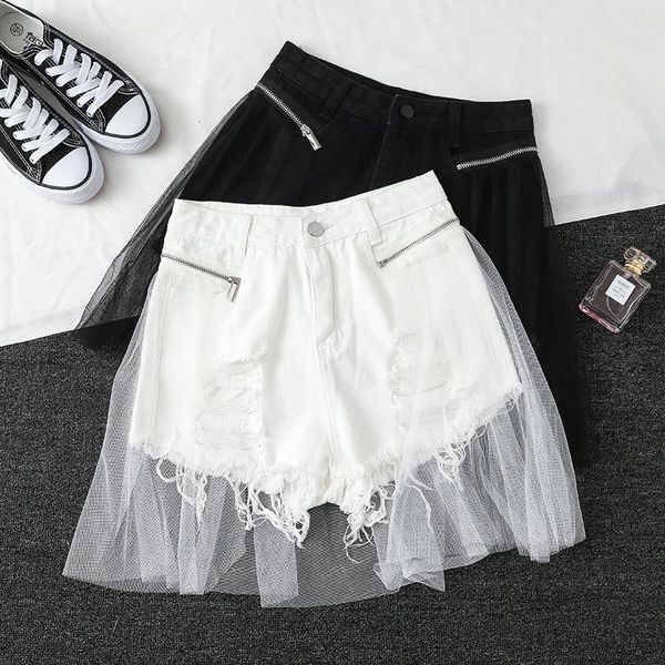 women's summer ripped hole denim shorts fashion detachable mesh high waist jeans female trendy tassels mini cowboy shorts d345, White;black
women's summer ripped hole denim shorts fashion detachable mesh high waist jeans female trendy tassels mini cowboy shorts d345, White;black