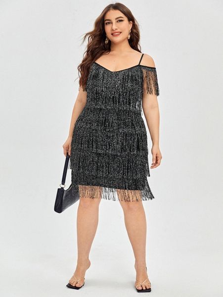plus cold shoulder fringe overlay dress v0el#, Black