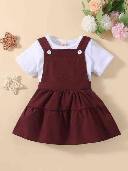 baby solid tee & patched pocket ruffle hem overall dress she, Blue