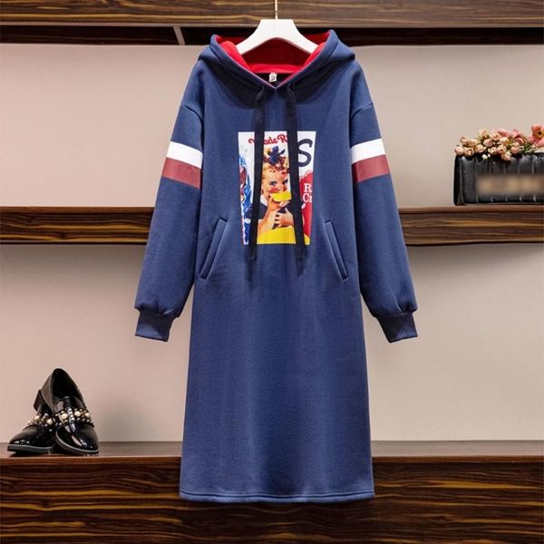 contrast print hooded plus fleece sweater dress, Black