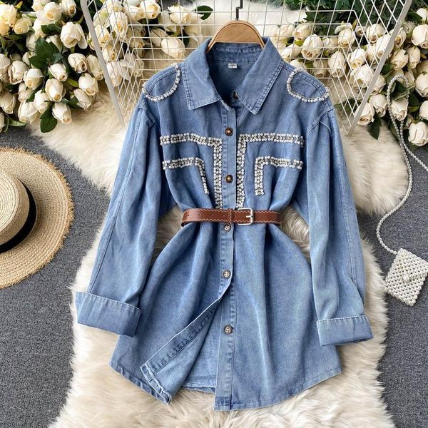 retro women beaded denim blouse casual pearls beading chic belted waist jeans shirt tn17431, White
retro women beaded denim blouse casual pearls beading chic belted waist jeans shirt tn17431, White