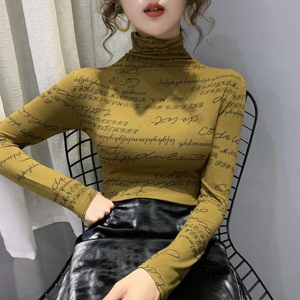 women's t-shirt vintage print letter doodle spring women highneck long sleeve slim stretchy tee casual clothes, White
women's t-shirt vintage print letter doodle spring women highneck long sleeve slim stretchy tee casual clothes, White