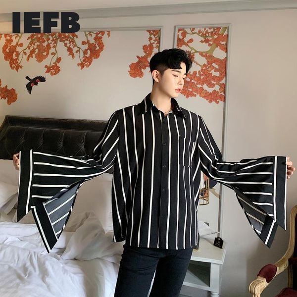 iefb /men's wear flare long sleeve turn-down collar striped loose shirt 2020 autumn vintage black white oversize blouse fs611, White;black
iefb /men's wear flare long sleeve turn-down collar striped loose shirt 2020 autumn vintage black white oversize blouse fs611, White;black
