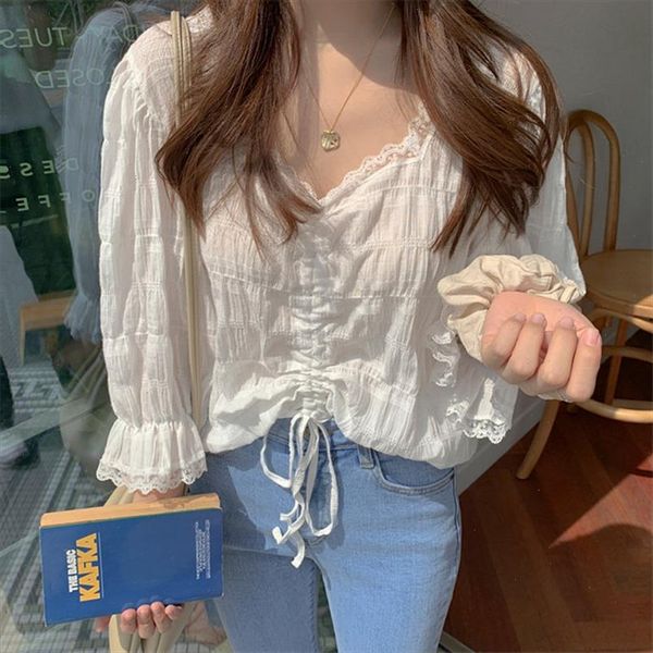 cute chic fresh v neck drawstring white 2021 sweet flare sleeves ruffles simple lace short shirts
cute chic fresh v neck drawstring white 2021 sweet flare sleeves ruffles simple lace short shirts