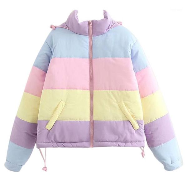 women winter padded puffer warm jacket rainbow stripes hooded coat drawstring loose full zip outerwear with pockets1, Black;brown
women winter padded puffer warm jacket rainbow stripes hooded coat drawstring loose full zip outerwear with pockets1, Black;brown