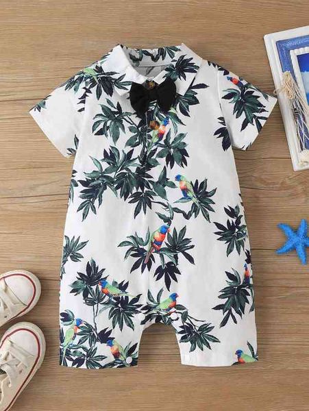 baby bird and leaf print polo neck bow front romper she, Blue 
baby bird and leaf print polo neck bow front romper she, Blue