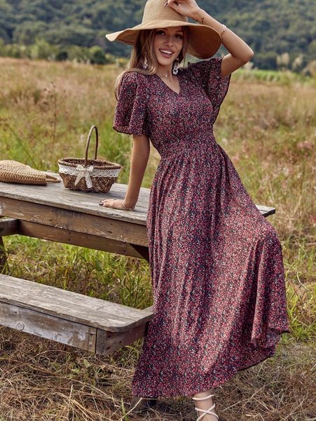 allover print butterfly sleeve a-line dress s7mn#, Black;gray