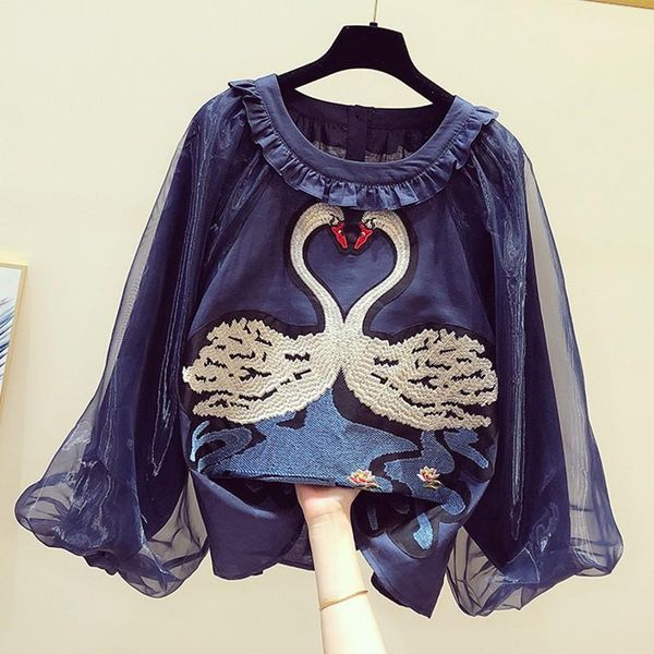 2020 new design embroidery swan organza lantern sleeve doll shirts loose o neck pullovers casual women blouses autumn1, White
2020 new design embroidery swan organza lantern sleeve doll shirts loose o neck pullovers casual women blouses autumn1, White