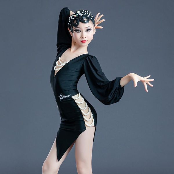stage wear 2021 children's latin dance performance clothes girls costumes pearl puff sleeve split skirt practice dress, Black;red
stage wear 2021 children's latin dance performance clothes girls costumes pearl puff sleeve split skirt practice dress, Black;red