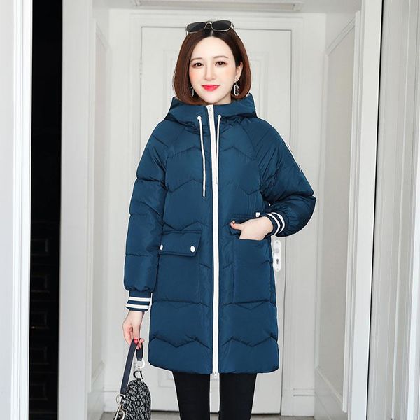 fashion elegant medium long hooded parka 2020 new winter jacket women casual solid parka coat female office lady, Black