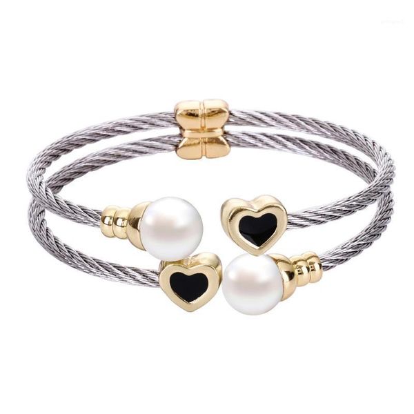 bangle chran silver plated round shell pearl wrist bracelets for women unique 2 rows stainless steel cable bangle1, Black
bangle chran silver plated round shell pearl wrist bracelets for women unique 2 rows stainless steel cable bangle1, Black