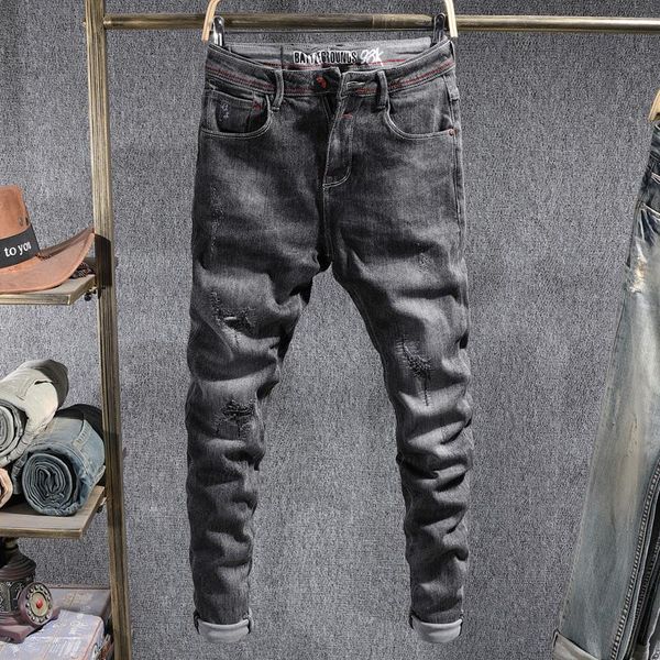 korean style fashion men jeans black gray slim fit elastic ripped denim pencil pants vintage designer trousers male, Blue
korean style fashion men jeans black gray slim fit elastic ripped denim pencil pants vintage designer trousers male, Blue