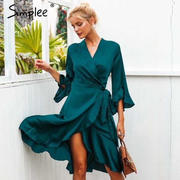 simplee elegant women satin solid midi dress ruffle sleeve sash wrap dress 2018 autumn winter v neck female vestidos1, Black;gray
simplee elegant women satin solid midi dress ruffle sleeve sash wrap dress 2018 autumn winter v neck female vestidos1, Black;gray