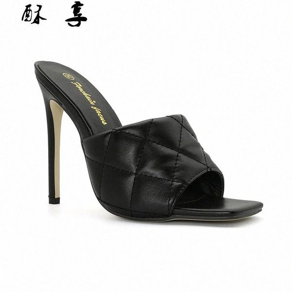 2021 summer new high heel square toe women's sandals pu grid women's sandals fashion casual women #r59i, Black