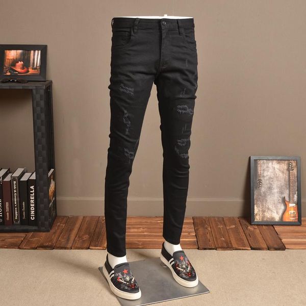 men's jeans black ripped stretch men classic spring summer slim fit denim pencil pants qj01, Blue
men's jeans black ripped stretch men classic spring summer slim fit denim pencil pants qj01, Blue