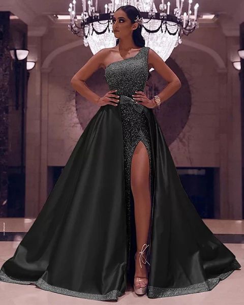 evening dressesparty wear prom dress one shoulder sleeveless floor length satin with bow(s) sequin split, Black;red 
evening dressesparty wear prom dress one shoulder sleeveless floor length satin with bow(s) sequin split, Black;red
