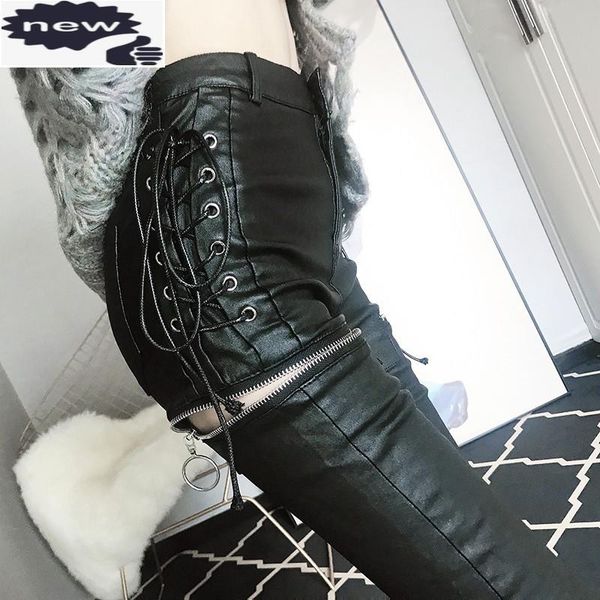 punk style fashion zippers side corss tied womens pu leather high waist slim fit qualities female full length pencil pants, Black;white
punk style fashion zippers side corss tied womens pu leather high waist slim fit qualities female full length pencil pants, Black;white