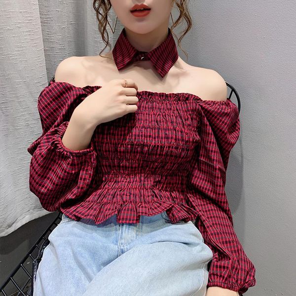 girls sweet slash neck full puff sleeve cropped blouses women's plaid blouse crop with scarf for female, White
girls sweet slash neck full puff sleeve cropped blouses women's plaid blouse crop with scarf for female, White