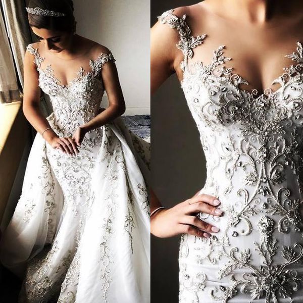 2021 modest mermaid wedding dresses short cap sleeves with overskirt chapel train luxury beaded embroidery wedding birdal gown vestidos, White
2021 modest mermaid wedding dresses short cap sleeves with overskirt chapel train luxury beaded embroidery wedding birdal gown vestidos, White