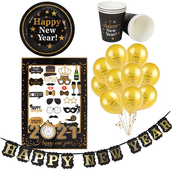 

happy 2021 party decoration new year eve balloons black gold paper cup plate p booth props banner christmas navidad