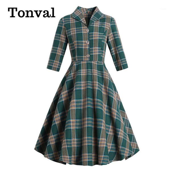 tonval turn-down collar button up green plaid autumn clothes women dresses vintage robe elegant swing dress retro1, Black;gray
tonval turn-down collar button up green plaid autumn clothes women dresses vintage robe elegant swing dress retro1, Black;gray