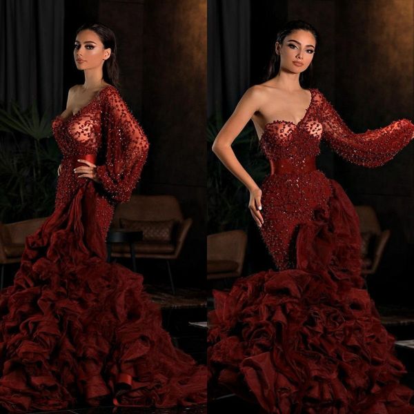 2020 luxury beading mermaid evening dresses tiered ruffles one shoulder sequined prom gowns special occasion dress, Black;red
2020 luxury beading mermaid evening dresses tiered ruffles one shoulder sequined prom gowns special occasion dress, Black;red