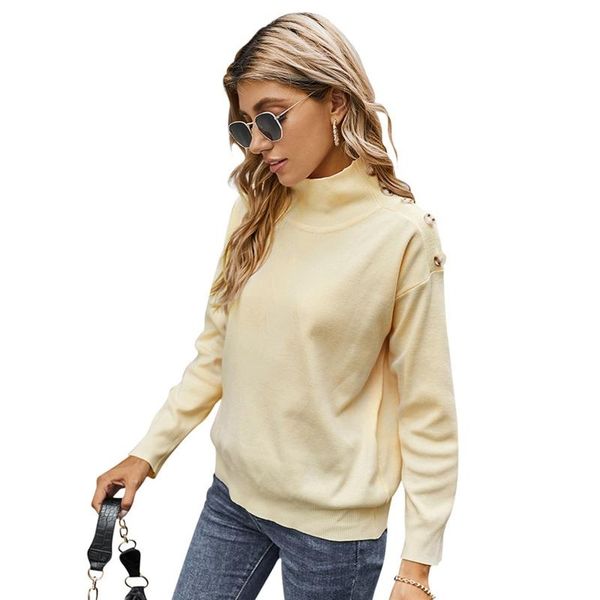 women long sleeve solid color sweater turtleneck buttons decor loose jumper, White;black
women long sleeve solid color sweater turtleneck buttons decor loose jumper, White;black