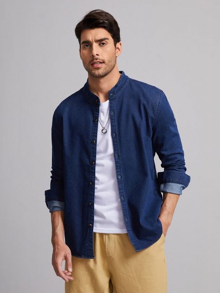 men medium washed button front denim shirt g8qn#, Blue