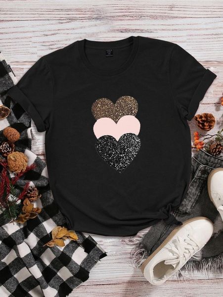 plus heart print short sleeve tee g8z3#, Black
plus heart print short sleeve tee g8z3#, Black