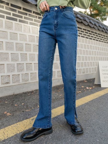 dazy high waist slit hem jeans v7wu#, Blue