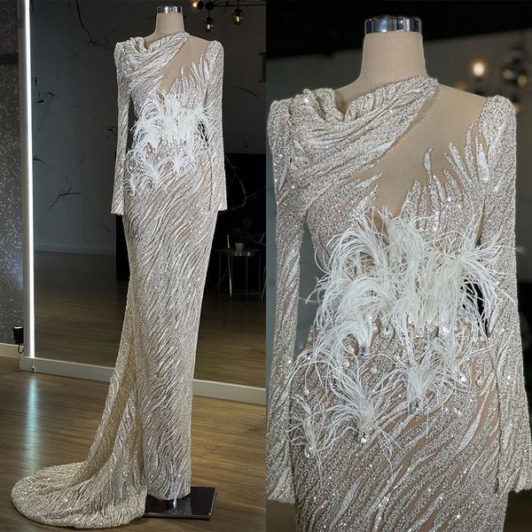 gorgeous sequins mermaid prom dresses sparkly sheer neck long sleeve ostrich feather evening dress pleats women vestidos custom made, Black
gorgeous sequins mermaid prom dresses sparkly sheer neck long sleeve ostrich feather evening dress pleats women vestidos custom made, Black