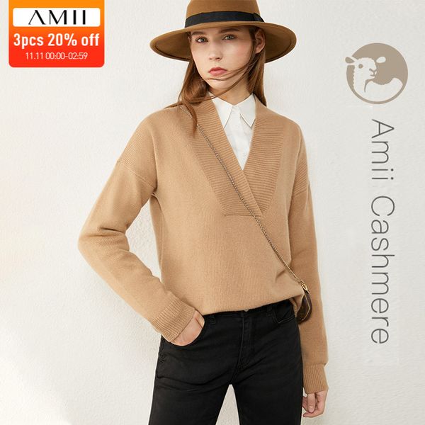 amii minimalism autumn winter women's sweater fashion solid wool&cashmere 100% thick vneck sweaters for women lj201112, White;black
amii minimalism autumn winter women's sweater fashion solid wool&cashmere 100% thick vneck sweaters for women lj201112, White;black
