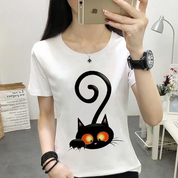 harajuku women funny black cat printed t-shirt summer fashion femme clothing t shirt casual streetwear short-sleeved tshirt, White 
harajuku women funny black cat printed t-shirt summer fashion femme clothing t shirt casual streetwear short-sleeved tshirt, White