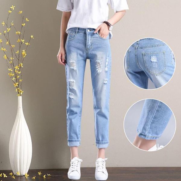 women's jeans denim fabric destroy wash women ripped hole high waist pants ankle-length trousers students, Blue
women's jeans denim fabric destroy wash women ripped hole high waist pants ankle-length trousers students, Blue