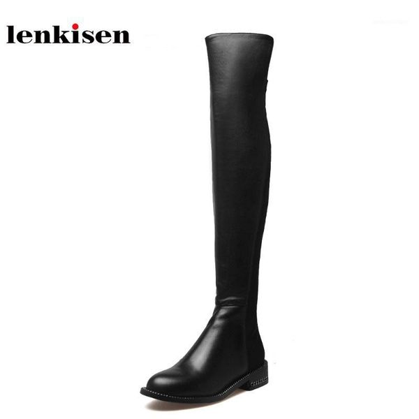 lenkisen cow leather round toe over the knee boots show thin long legs causal shoes solid concise streetwear elastic boots l9f21, Black 
lenkisen cow leather round toe over the knee boots show thin long legs causal shoes solid concise streetwear elastic boots l9f21, Black