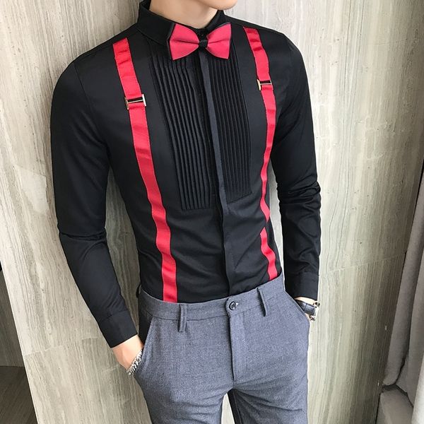 men's tuxedo shirt and bow-tie chest pleated strap long sleeve slim fit prom dress blouse black red white wedding social 201123, White;black
men's tuxedo shirt and bow-tie chest pleated strap long sleeve slim fit prom dress blouse black red white wedding social 201123, White;black