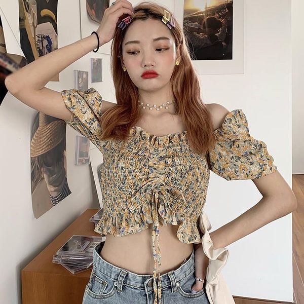 women's off shoulder floral blouses square collar sweet pleated short chiffon shirt, White
women's off shoulder floral blouses square collar sweet pleated short chiffon shirt, White