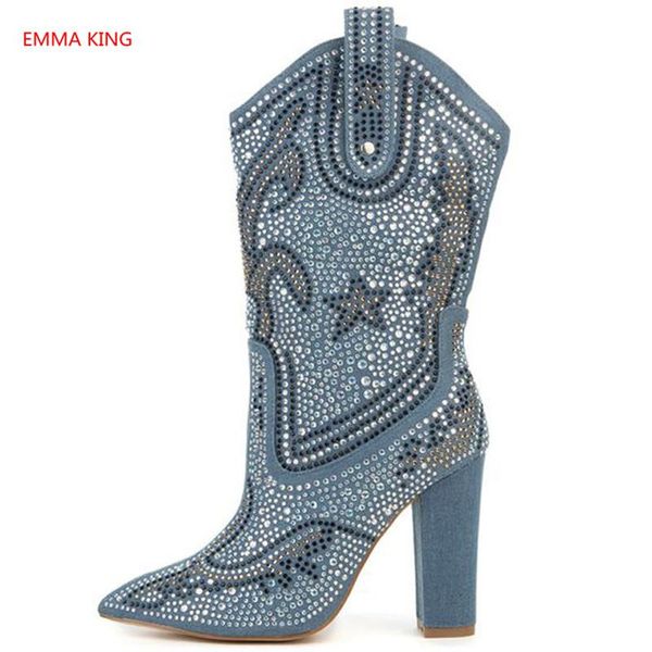 fahion denim blue mid calf boots women crystal studded chunky motorcycle boots for women pointed toe high heels shoes 2020, Black
fahion denim blue mid calf boots women crystal studded chunky motorcycle boots for women pointed toe high heels shoes 2020, Black