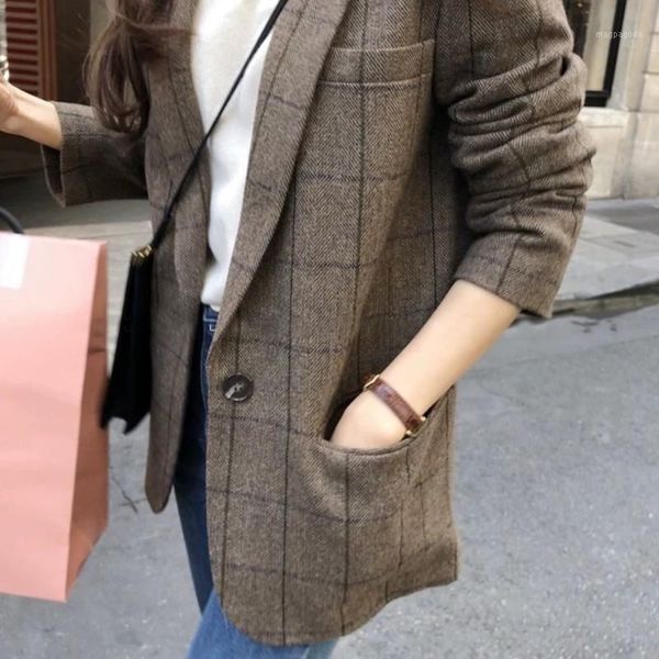women autumn winter casual wool blazer jacket thick padded british plaid suits coat vintage loose fit office lady woolen blazer1, White;black
women autumn winter casual wool blazer jacket thick padded british plaid suits coat vintage loose fit office lady woolen blazer1, White;black