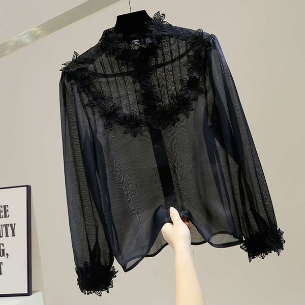 sweet three dimensional small flower decoration single breasted stand collar fashion personality perspective organza long sleeve shirt, White
sweet three dimensional small flower decoration single breasted stand collar fashion personality perspective organza long sleeve shirt, White