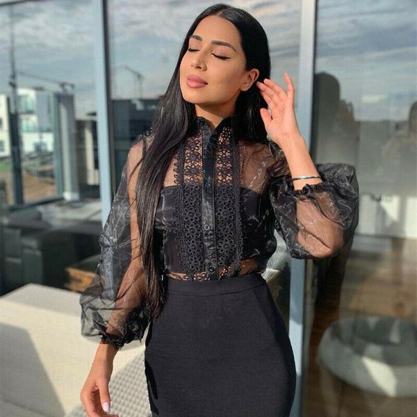 women mesh lace see through sheer shirts office lady solid loose puff sleeve blouse, White
women mesh lace see through sheer shirts office lady solid loose puff sleeve blouse, White