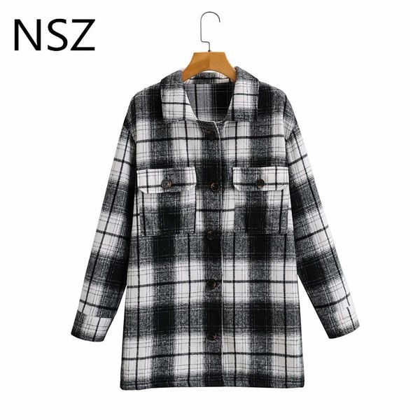 nsz women black and white plaid oversized tweed jacket loose checked vintage wool blend fall coat long sleeve outwear streetwear 201028, Black;brown
nsz women black and white plaid oversized tweed jacket loose checked vintage wool blend fall coat long sleeve outwear streetwear 201028, Black;brown