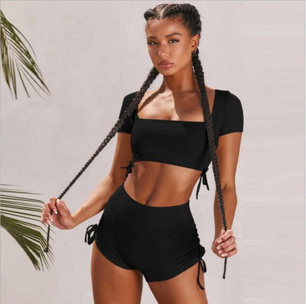 short summer 2020 new women's square neck sleeve open back sports suit, Gray