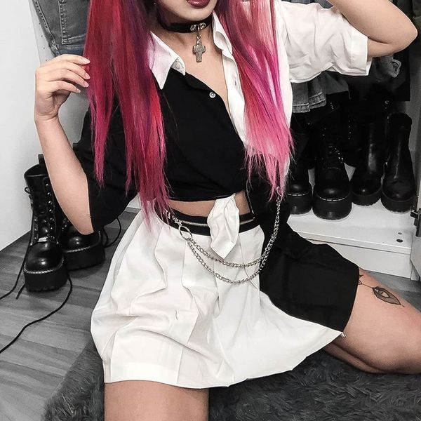 allneon punk single-breasted cropped blouse for women patchwork turn-down collar short sleeve shirts vintage summer e-girl y200622, White
allneon punk single-breasted cropped blouse for women patchwork turn-down collar short sleeve shirts vintage summer e-girl y200622, White