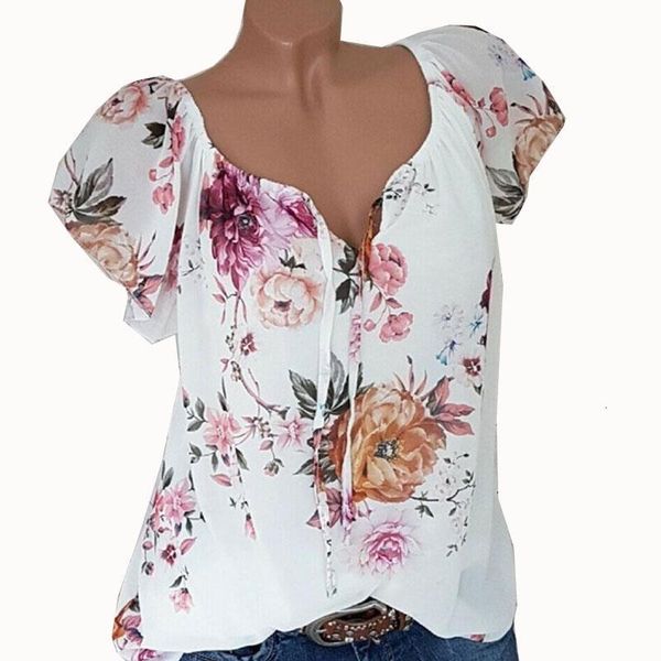 chiffon blouse 2019 fashion short sleeve women blouses v collar floral print office shirt casual blusas chemise femme, White 
chiffon blouse 2019 fashion short sleeve women blouses v collar floral print office shirt casual blusas chemise femme, White