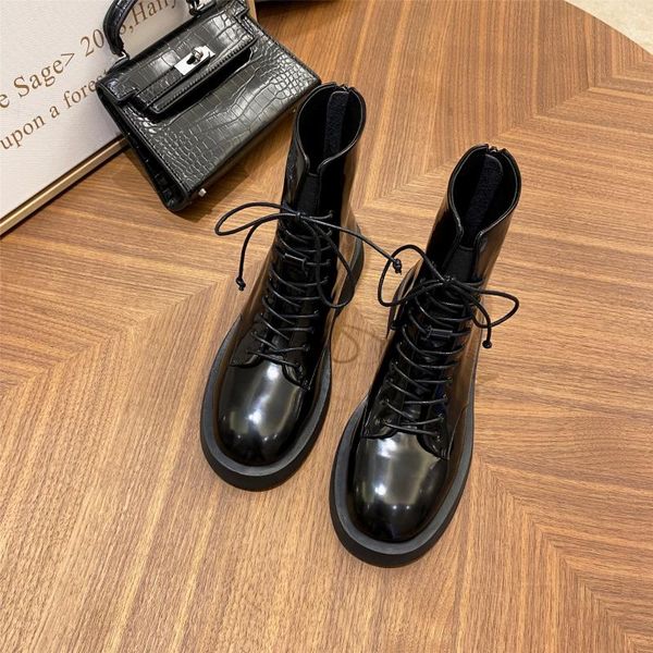 lmyom brand genuine leather british handsome leather flat boots knight boots autumn all-match mid-tube short, Black