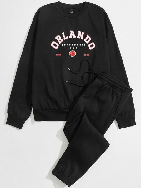 men letter graphic thermal sweatshirt & drawstring waist sweatpants e6y8#, Gray 
men letter graphic thermal sweatshirt & drawstring waist sweatpants e6y8#, Gray