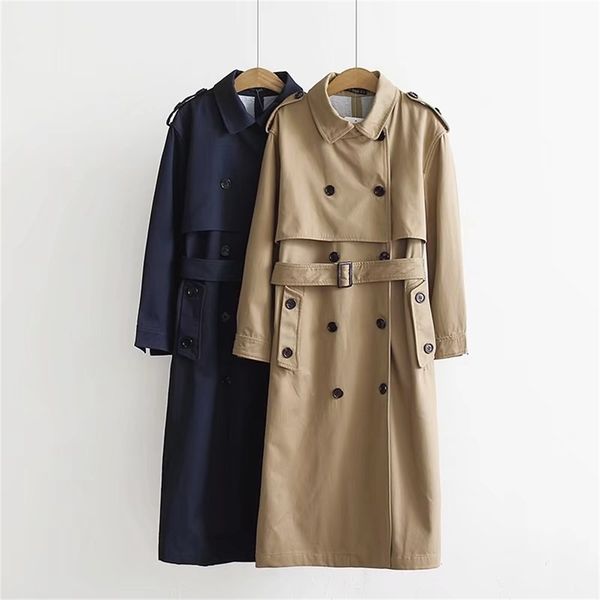 

women khaki long trench coat with sashes buttons 2020 autumn winter office ladies turndown neck loose outwear double breasted lj200903, Tan;black