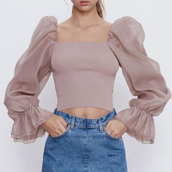 chic women blouse summer 2020 new fashion elastic knitted patchwork transparent sleeve slim lady pullover, White
chic women blouse summer 2020 new fashion elastic knitted patchwork transparent sleeve slim lady pullover, White