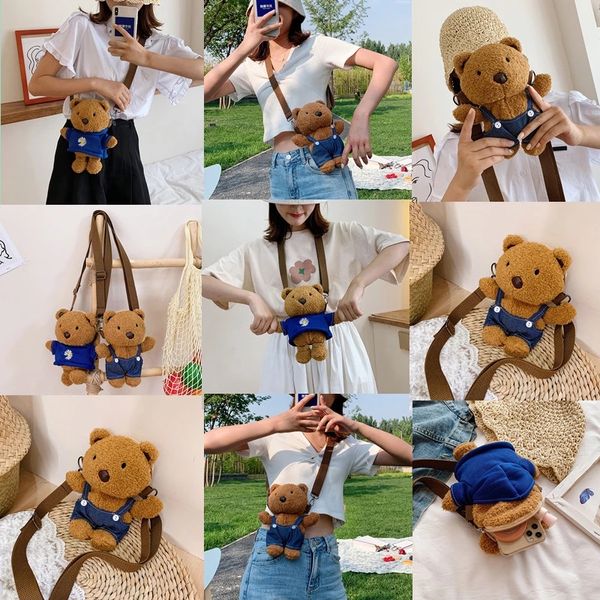 Cute New Style Dress Bear Backpack Stuffed Doll Cartoon Cute Mobile Phone Backpack Plush Bag Toys Gift Girl Kids Toy